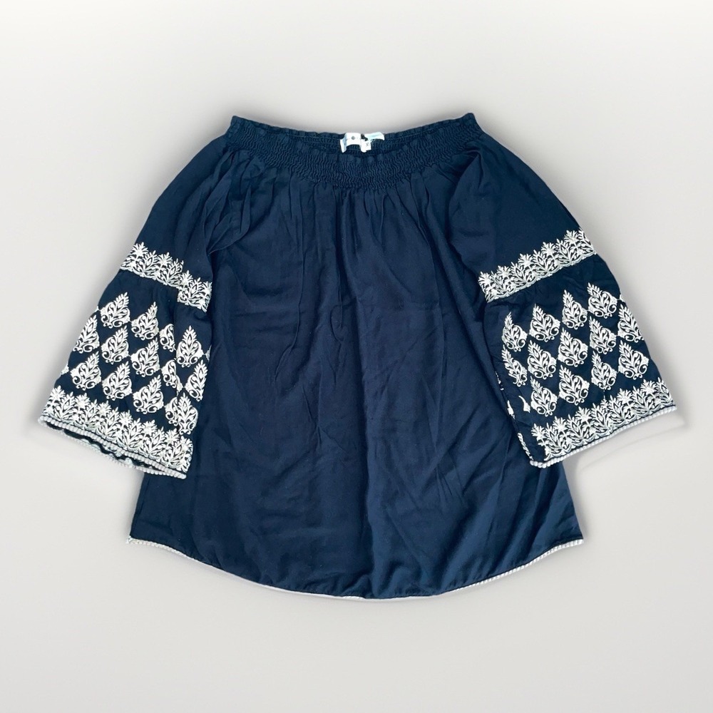 Rancho Estancia Off The Shoulder Blouse Black w/Gold Embroidered Bell Sleeves XL